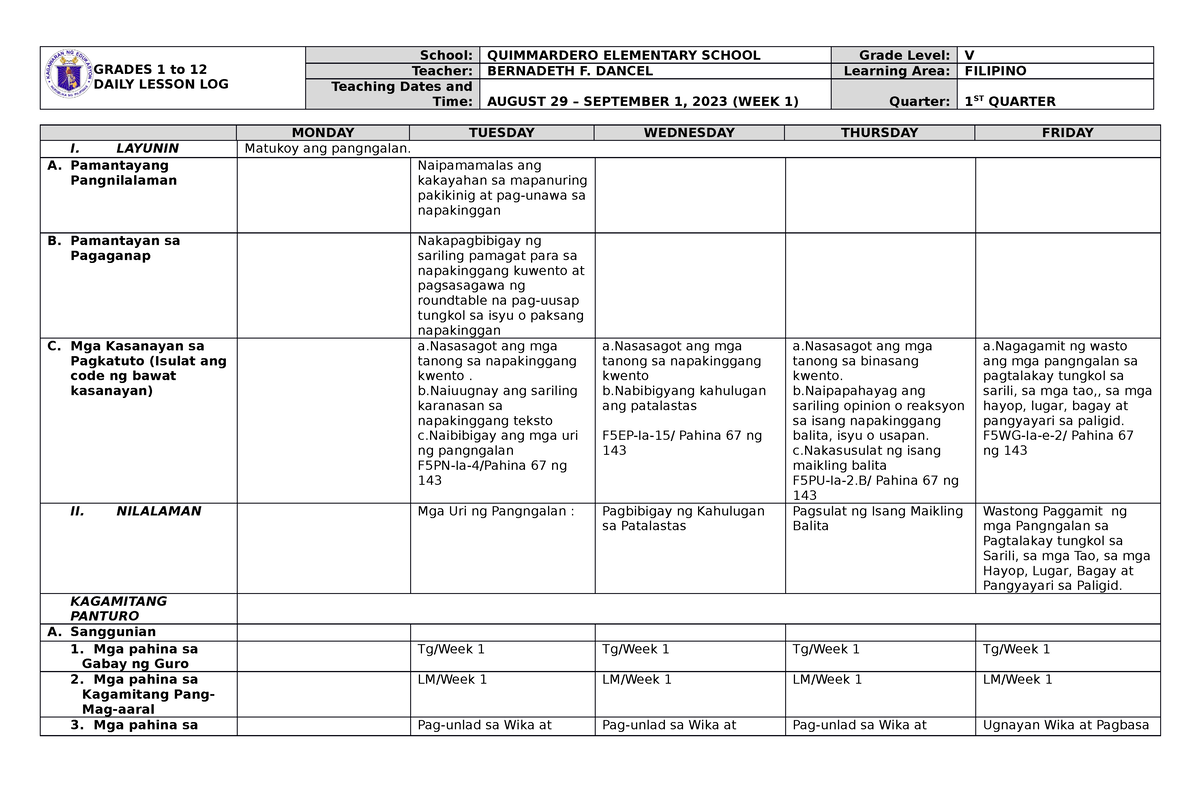 DLL Filipino 5 Q1 W1 - GRADES 1 To 12 DAILY LESSON LOG School ...