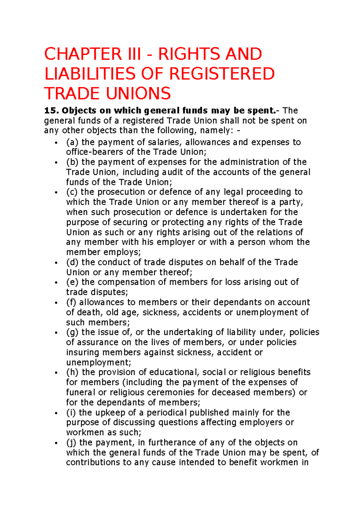 The Rights and liabilities of the Trade Unions - CHAPTER III - RIGHTS ...