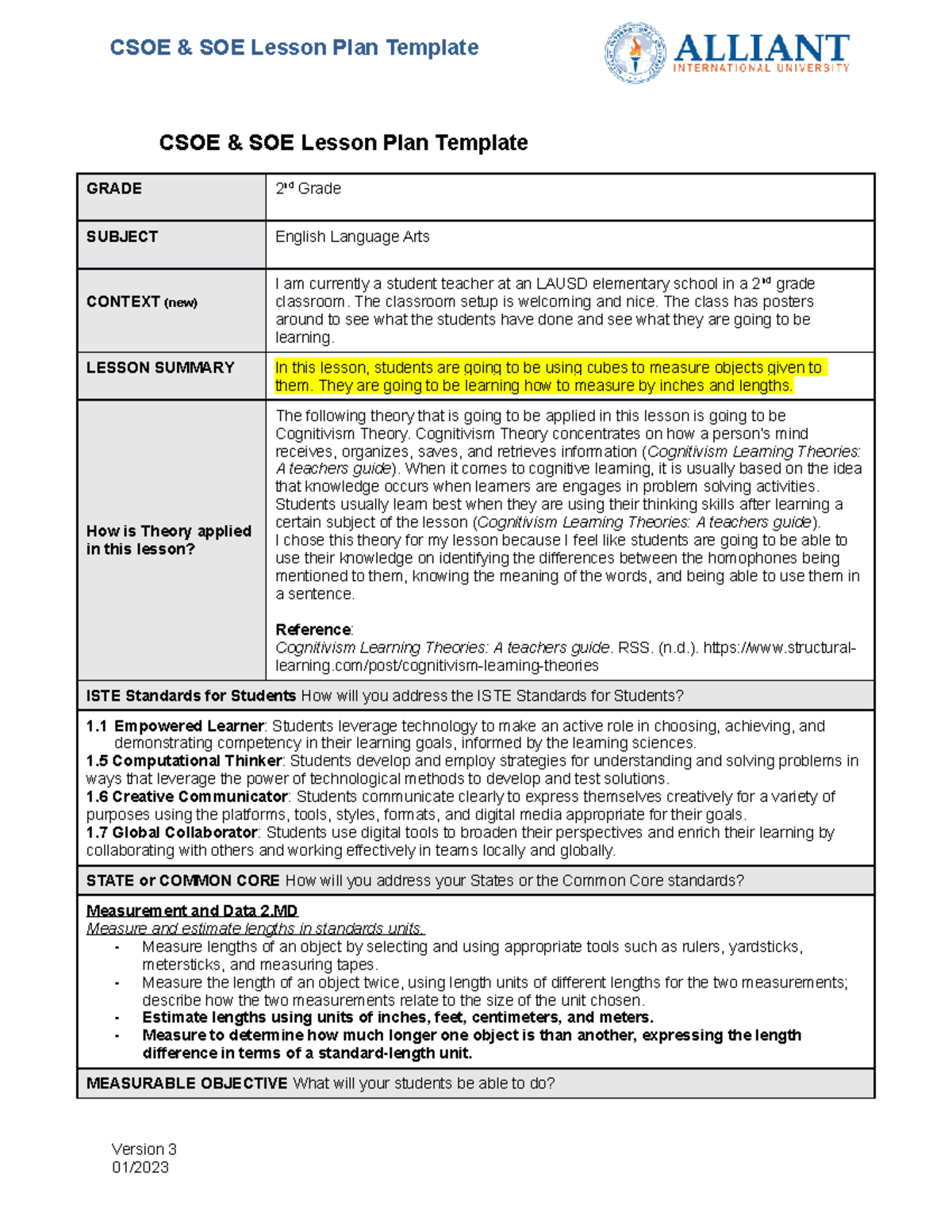 Week 6 lesson plan CSOE & SOE Lesson Plan Template GRADE 2 nd Grade