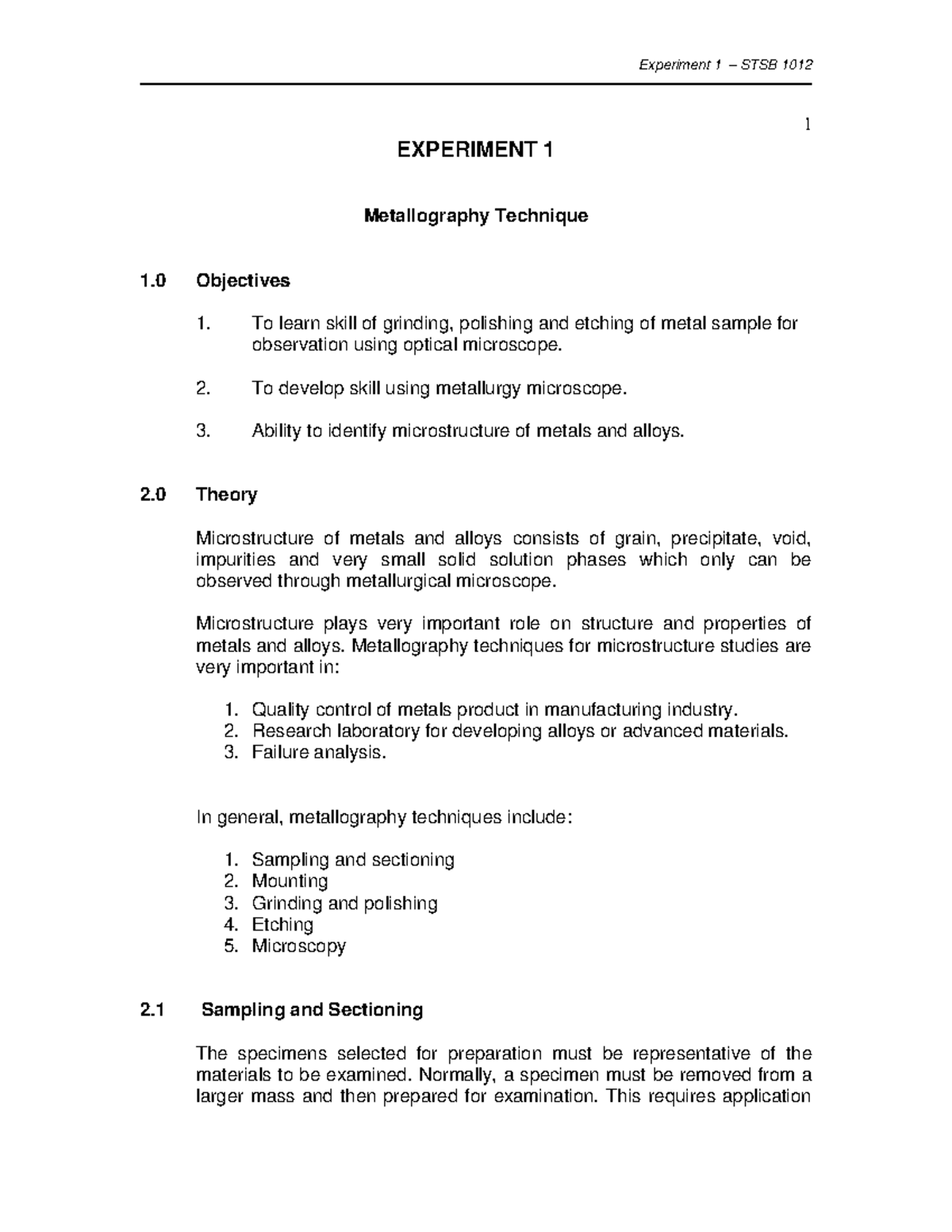 6 Experiment 1 Metallography Technique 1 EXPERIMENT 1