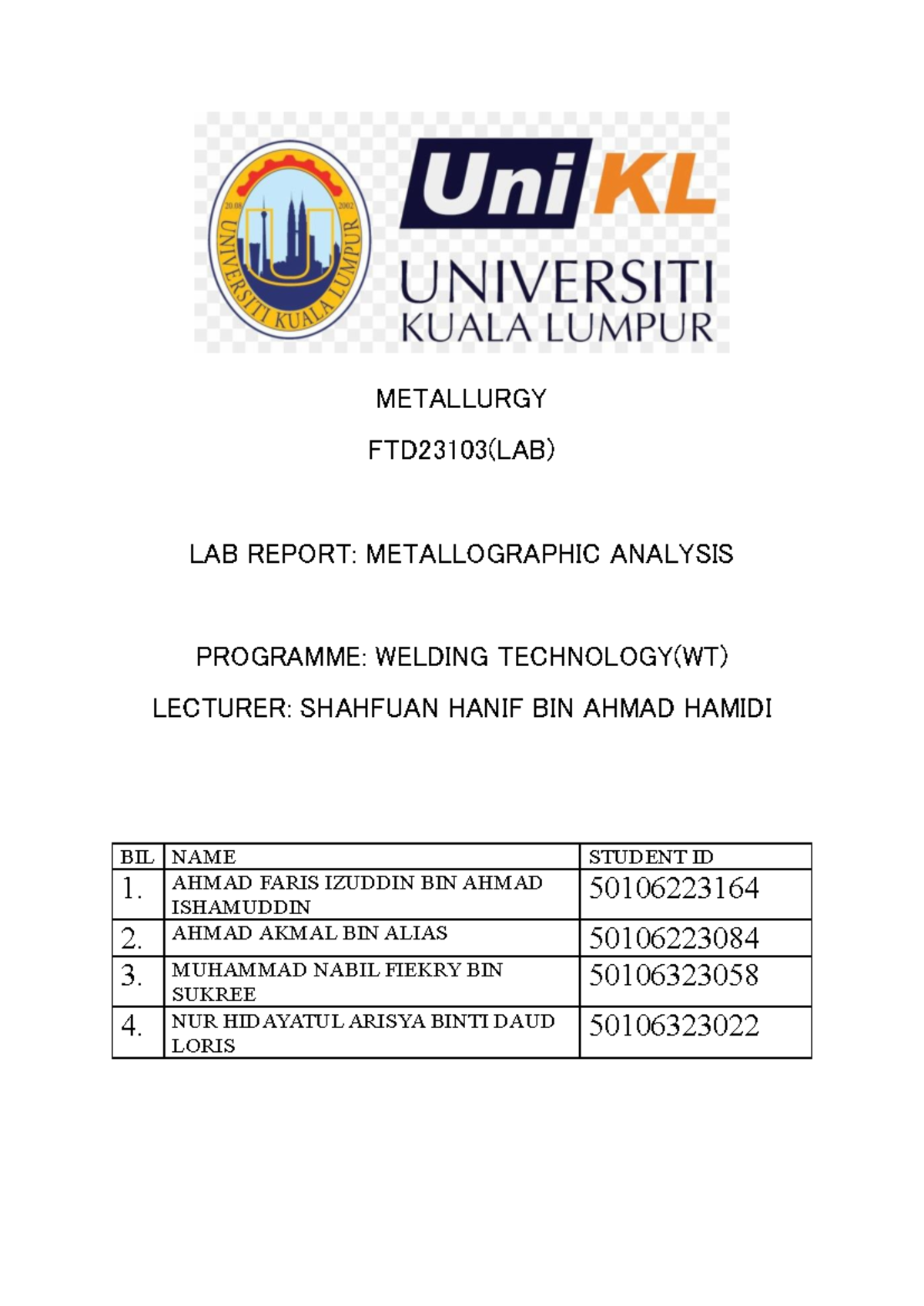 Metallographic LAB Report METALLURGY FTD23103(LAB) LAB REPORT