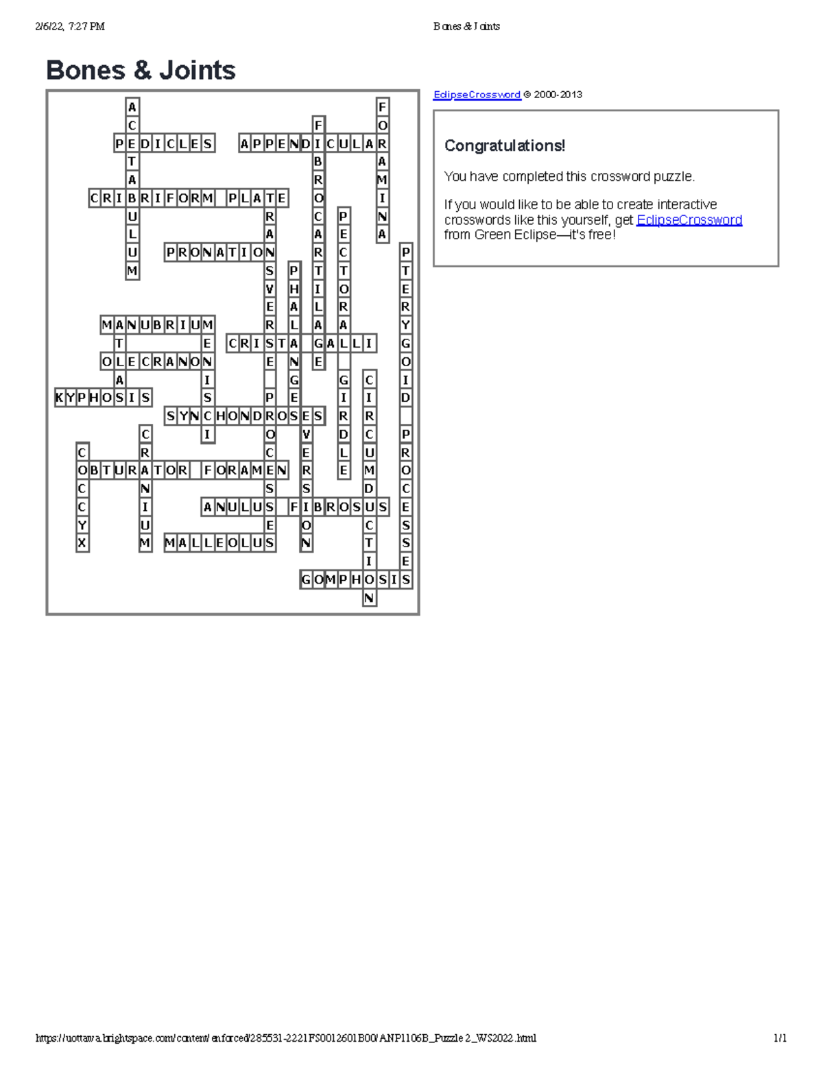 Bones & Joints Crossword 2 2/6/22, 727 PM Bones & Joints StuDocu