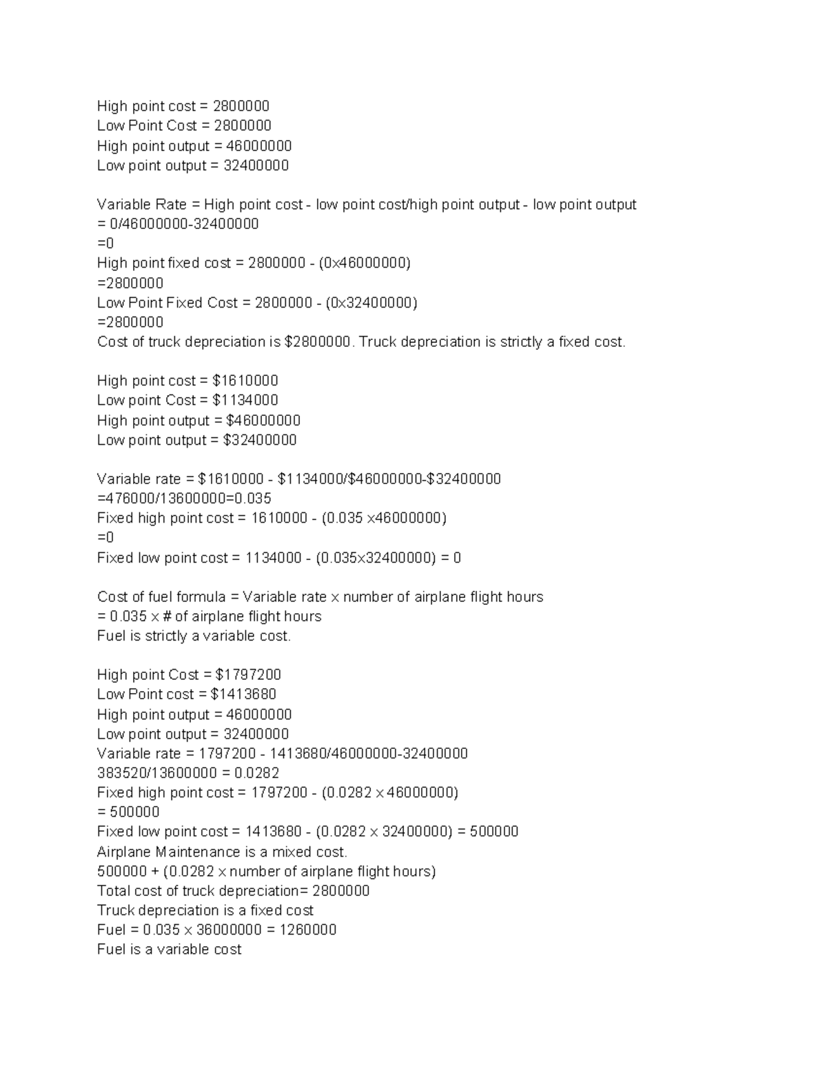 Untitled document notes High point cost = 2800000 Low Point Cost = 2800000 High point output