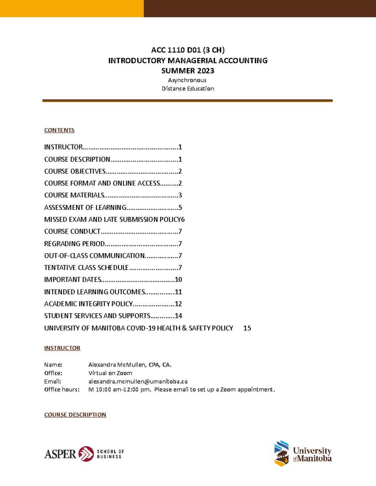 ACC1110 D01 S23 - Distance learning course outline acc 1110 summer 2023 ...