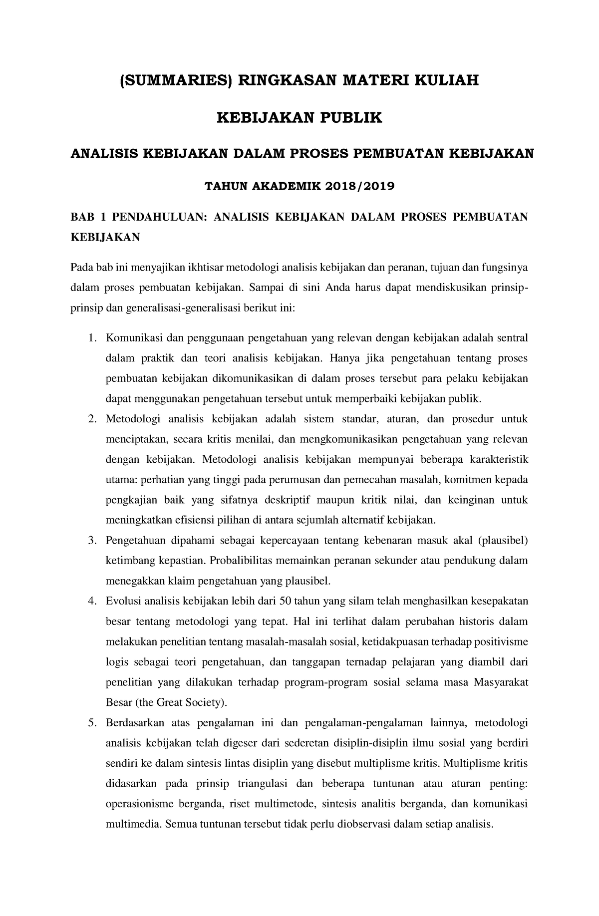 Ringkasan Materi Kuliah Kebijakan Publik - Analisis Kebijakan Dalam ...