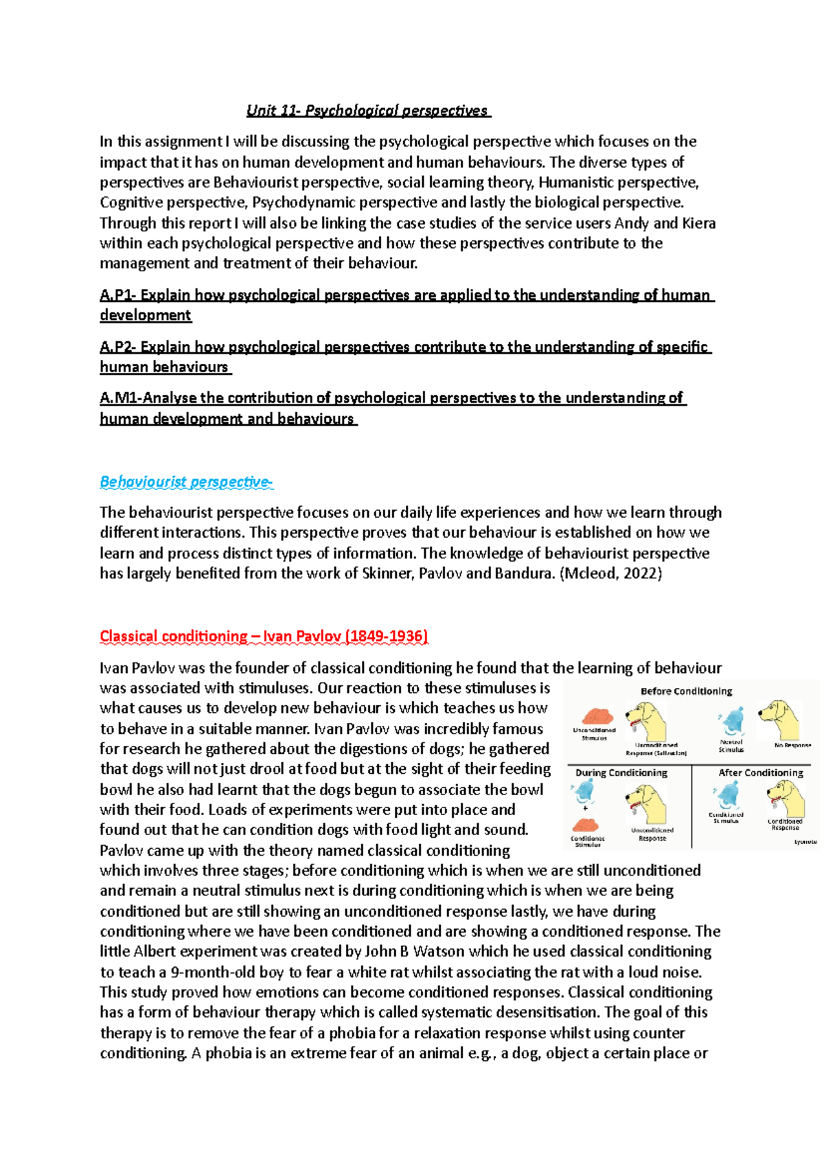 Unit 11 Copy - My Coursework - Unit 11- Psychological Perspectives In ...