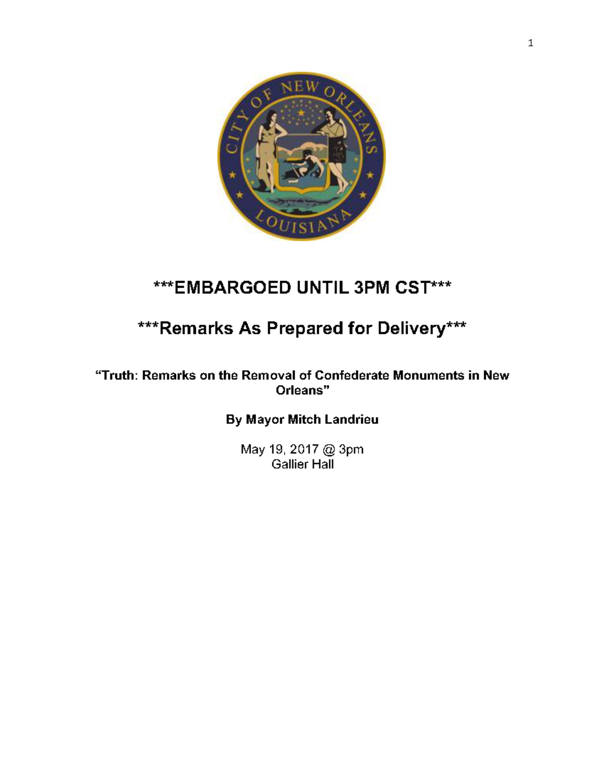 “Truth Remarks on the Removal of Confederate Monuments in New Orleans