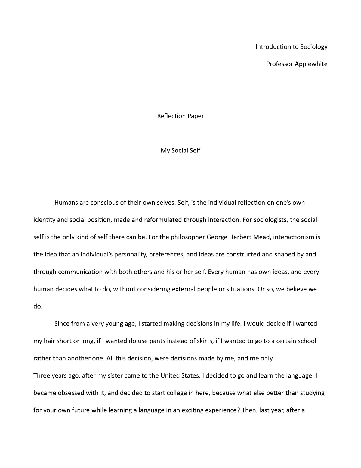 sociology reflective essay