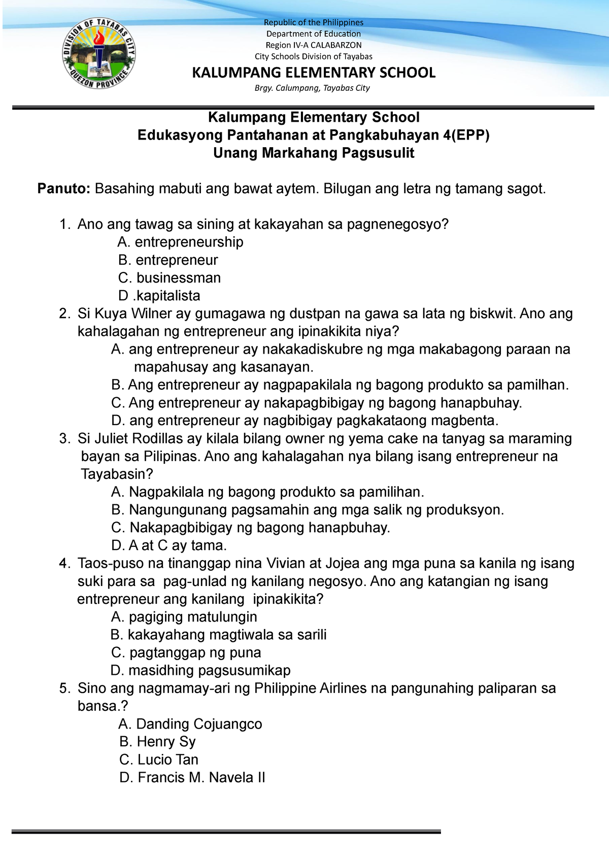 Epp4 Ict Periodical Test Do Edited Department Of Education Region Iv A Calabarzon City Schools 8379