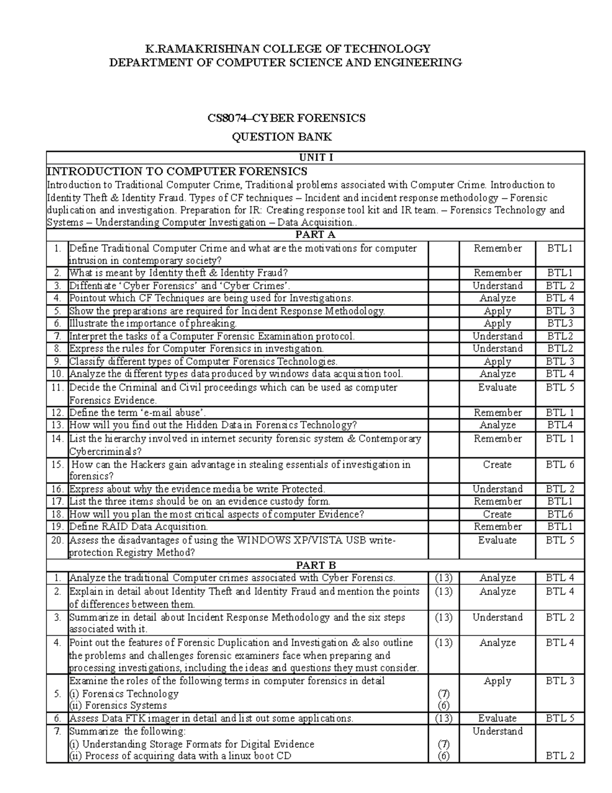 Question BANK CYBER FORENSICS IN ENGINEERING STUDY - CS8074–CYBER ...