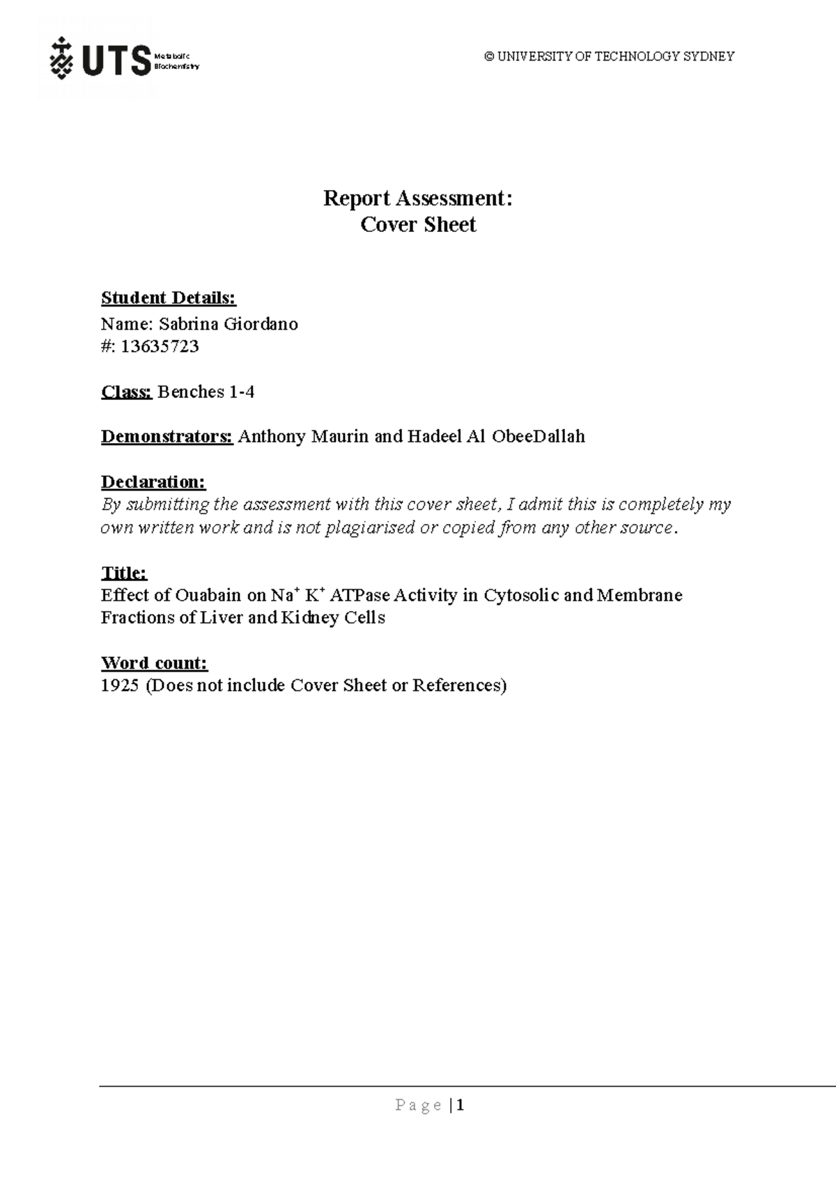 Metabolic Biochemistry Report - Biochemistry © UNIVERSITY OF TECHNOLOGY ...