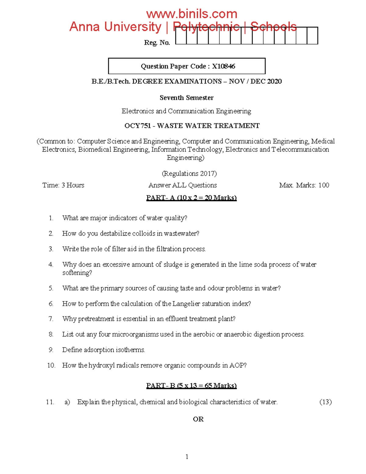 Wwt qp1 waste water treatment 1 Reg. No. B.E./B. DEGREE