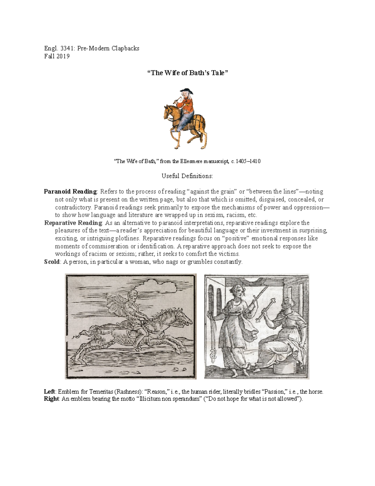 Wifeof Bath's Tale Handout - Engl. 3341: Pre-Modern Clapbacks Fall 2019 ...