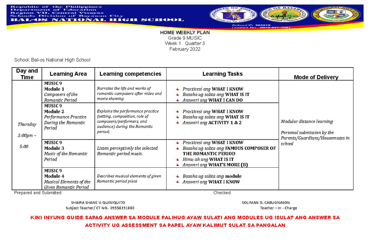 WHLP Music - Weekly plan - HOME WEEKLY PLAN Grade 9 MUSIC Week 1 ...