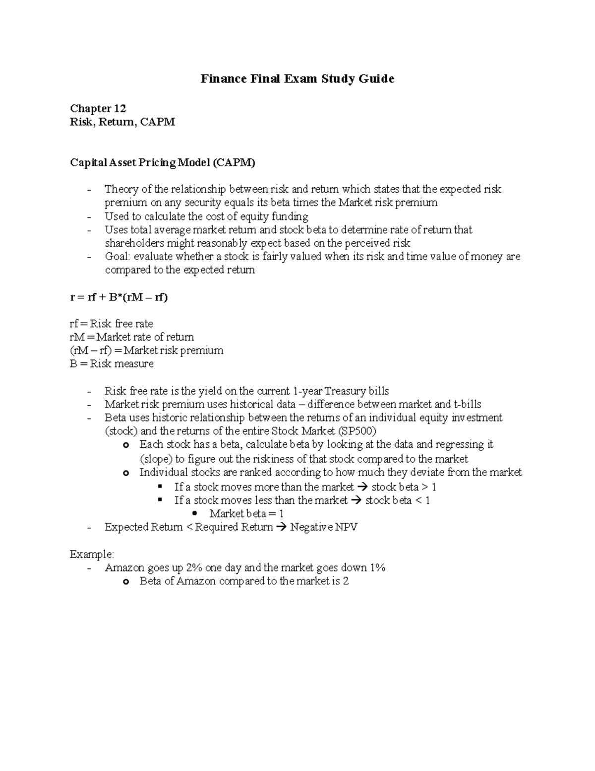 Finance Final Exam Study Guide - Finance Final Exam Study Guide Chapter ...