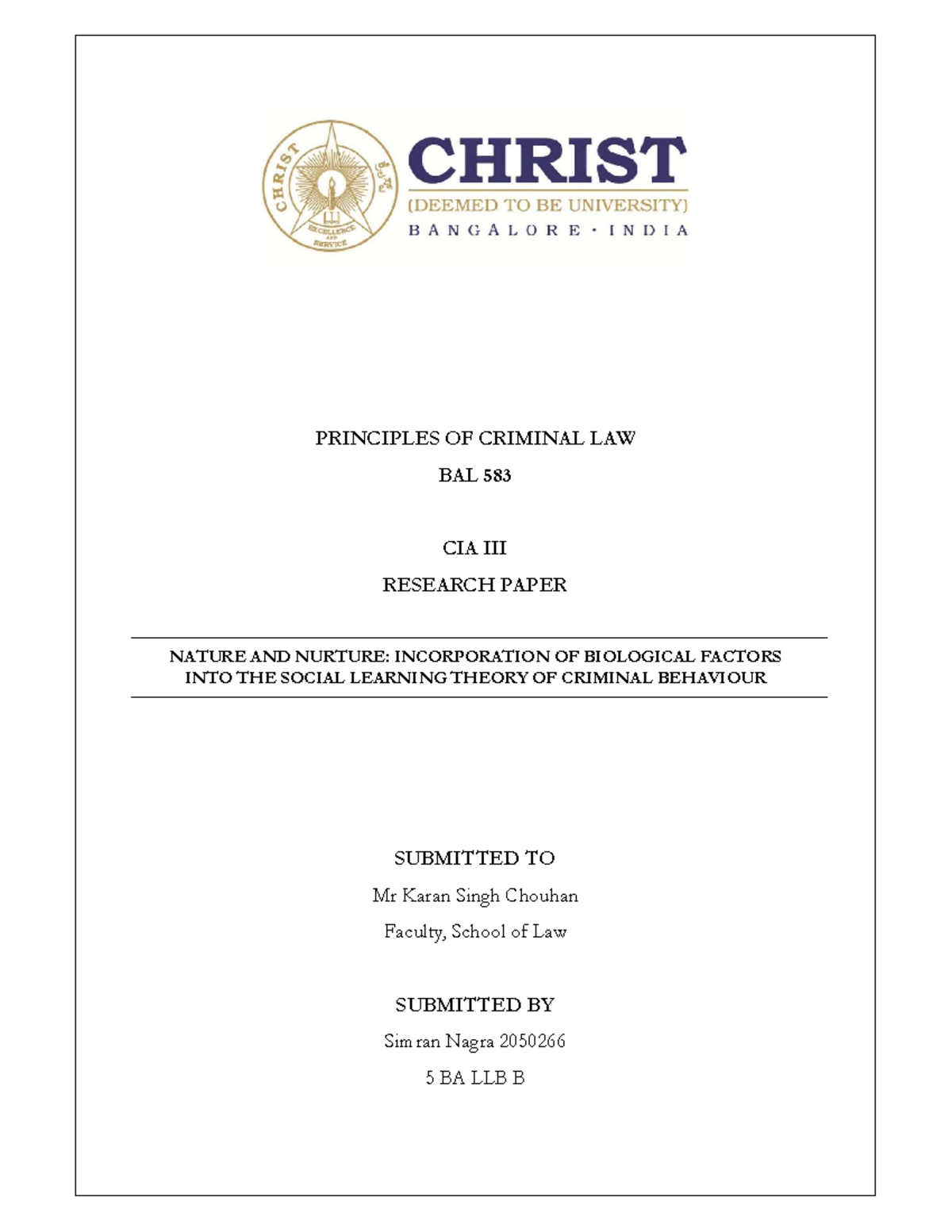 PCr L CIA III - n/a - PRINCIPLES OF CRIMINAL LAW BAL 583 CIA III ...