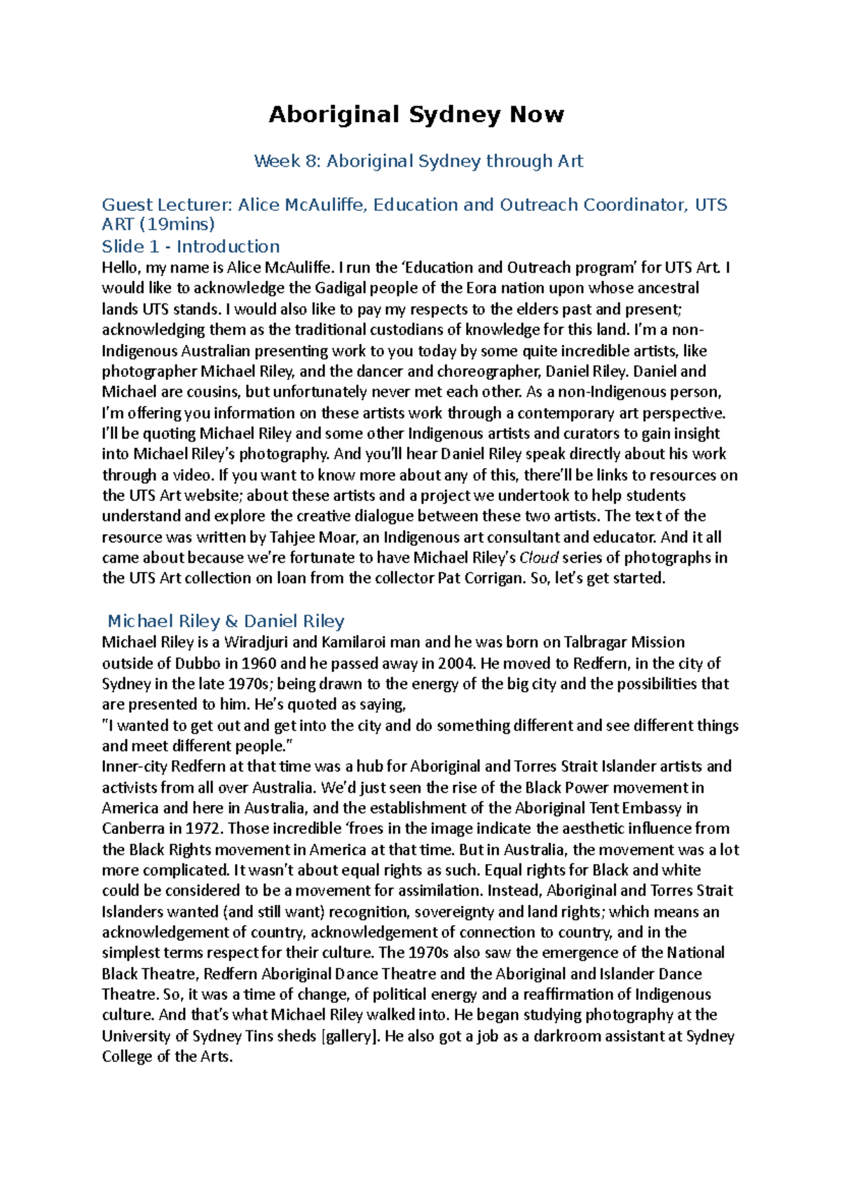 Week 8 Aboriginal Sydney through Art lecture transcript Aboriginal