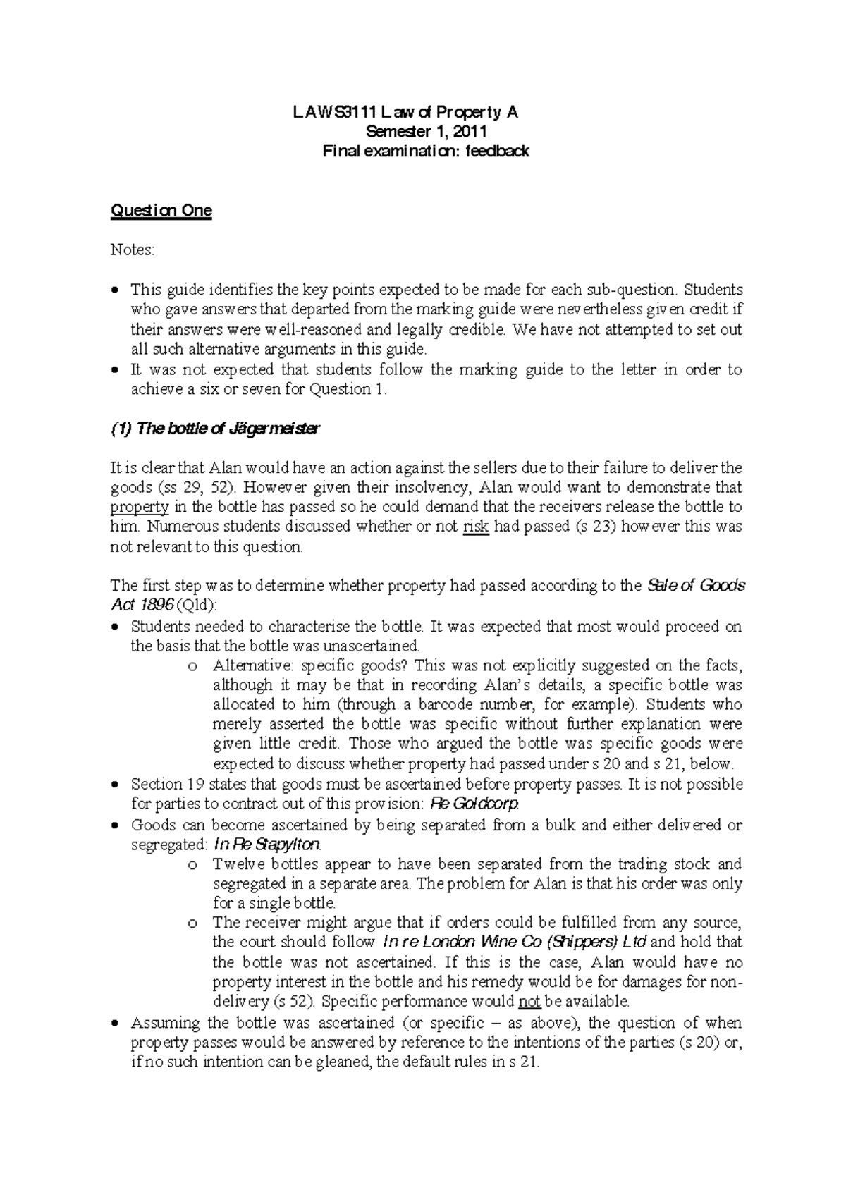 Exam 2011, Questions and answers Exam Marking Guide S1 2011