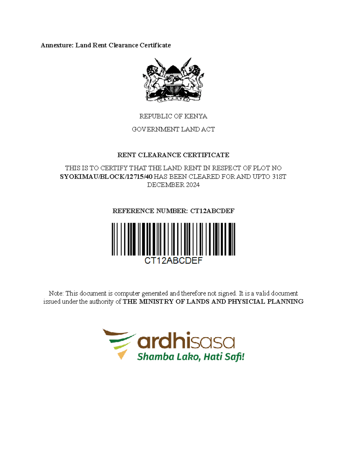 Land Rent Clearance Cert - Corporate Finance - Annexture: Land Rent ...