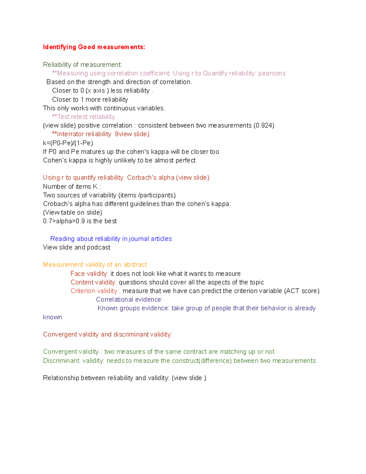 Psy205 - Notes - Identifying Good measurements: Reliability of ...