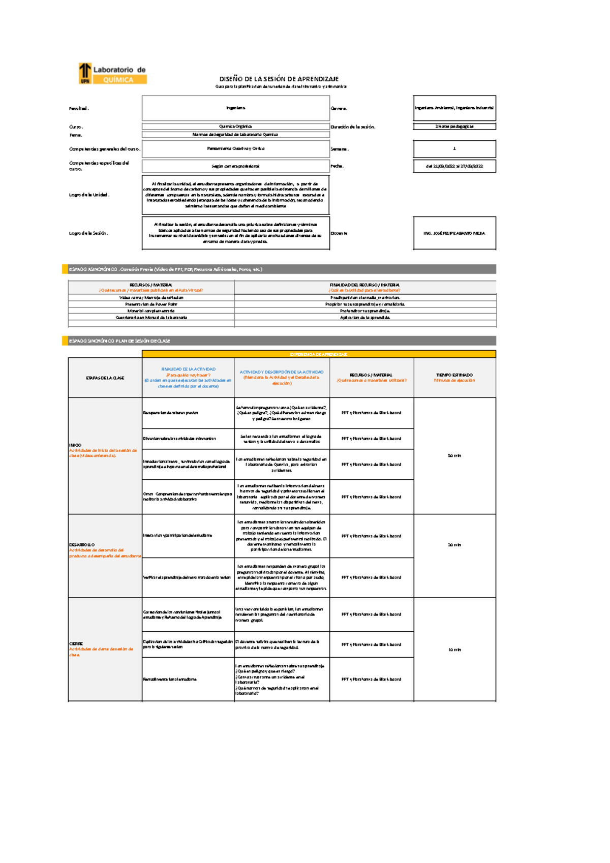 Jp Dise O De Sesi N De Laboratorio Xlsx Formato Qu Mica Org Nica Upn Studocu