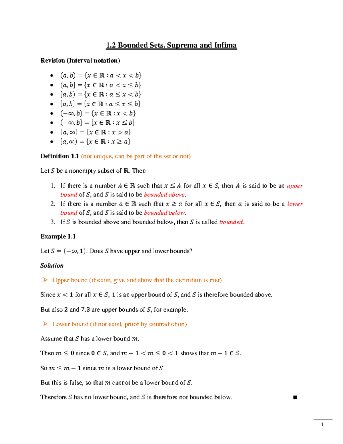 Sec 1 - Lecture Notes On Suprema And Infima - 1 Bounded Sets, Suprema ...