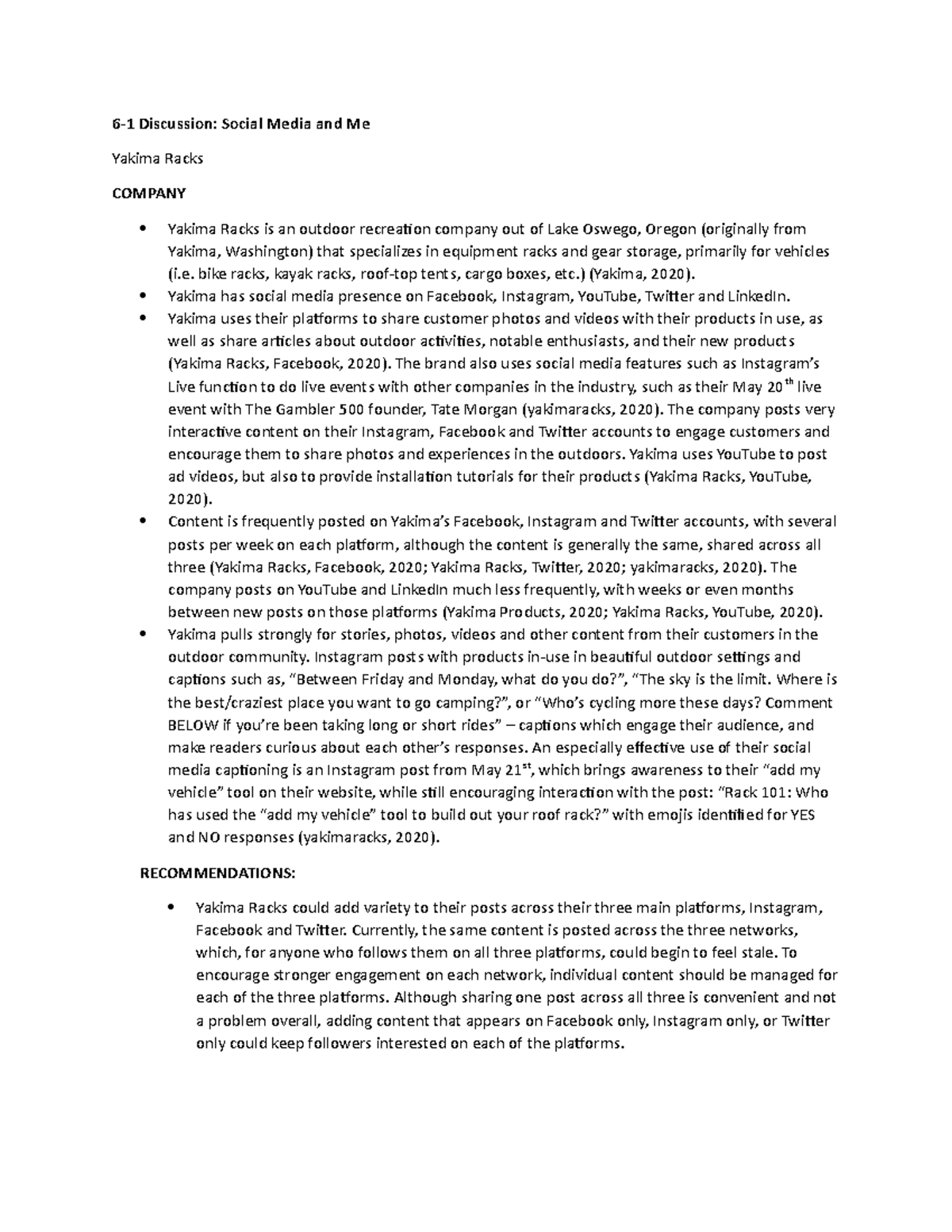 MKT113 Discussion 6 61 Discussion Social Media and Me Yakima Racks