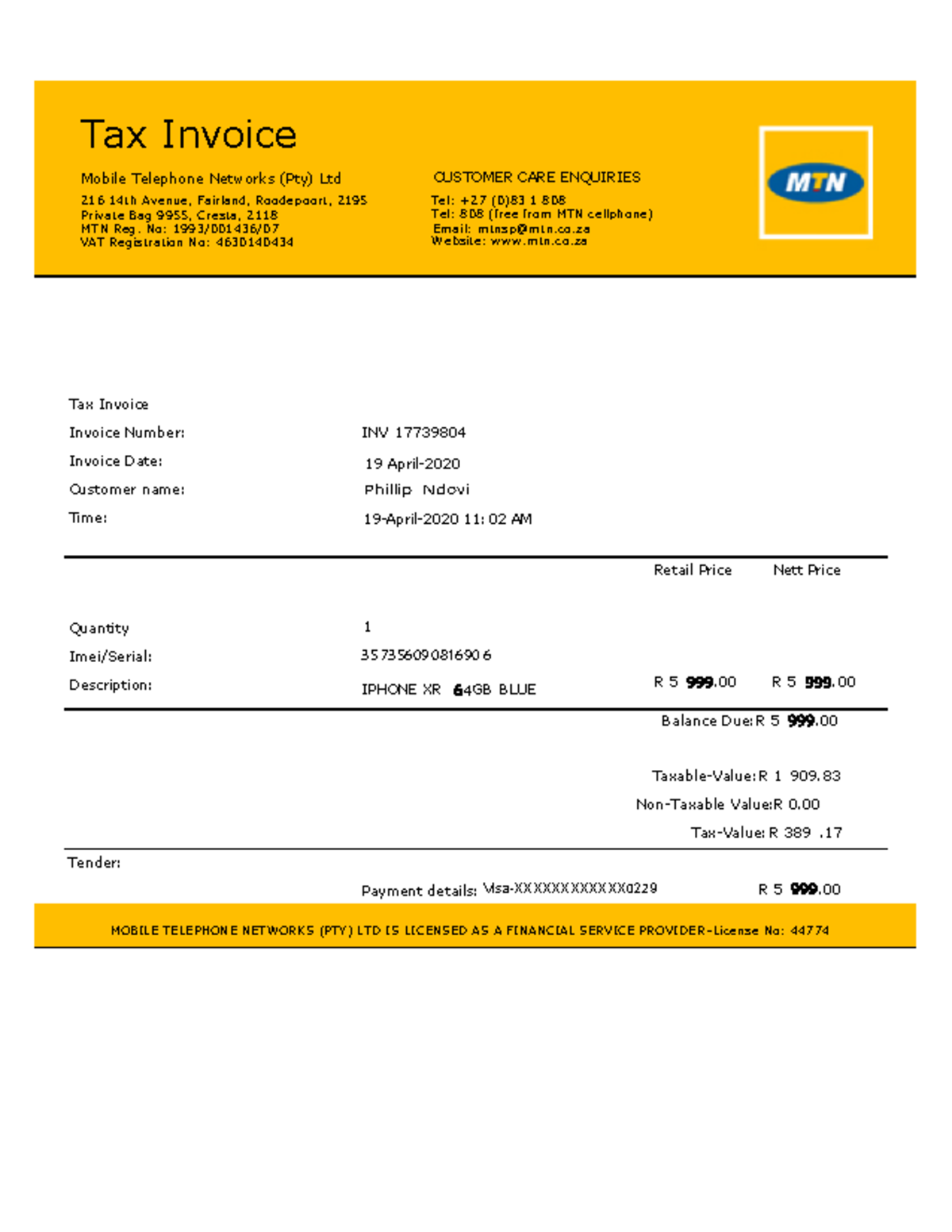 MTN iphone xr recipt - lkjh - Tax Invoice Mobile Telephone Networks ...