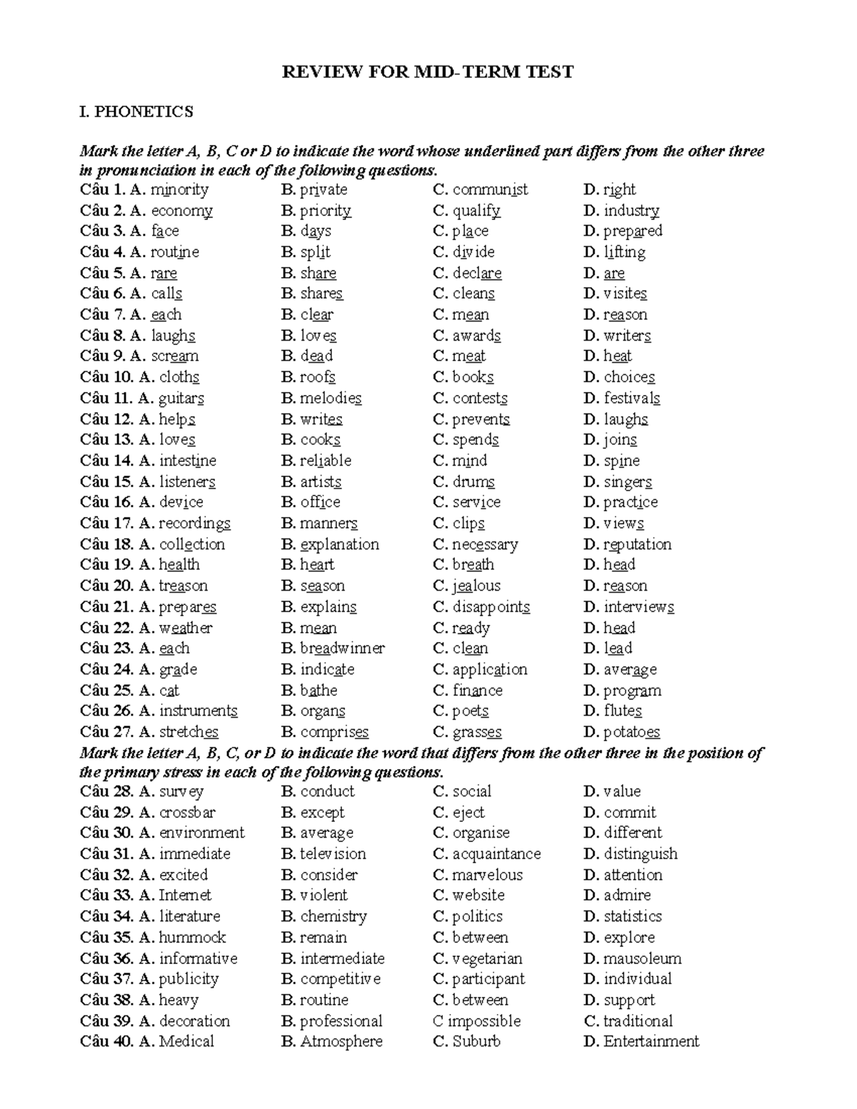 On tap Kiem tra Giua ki I - helpful - REVIEW FOR MID-TERM TEST I ...