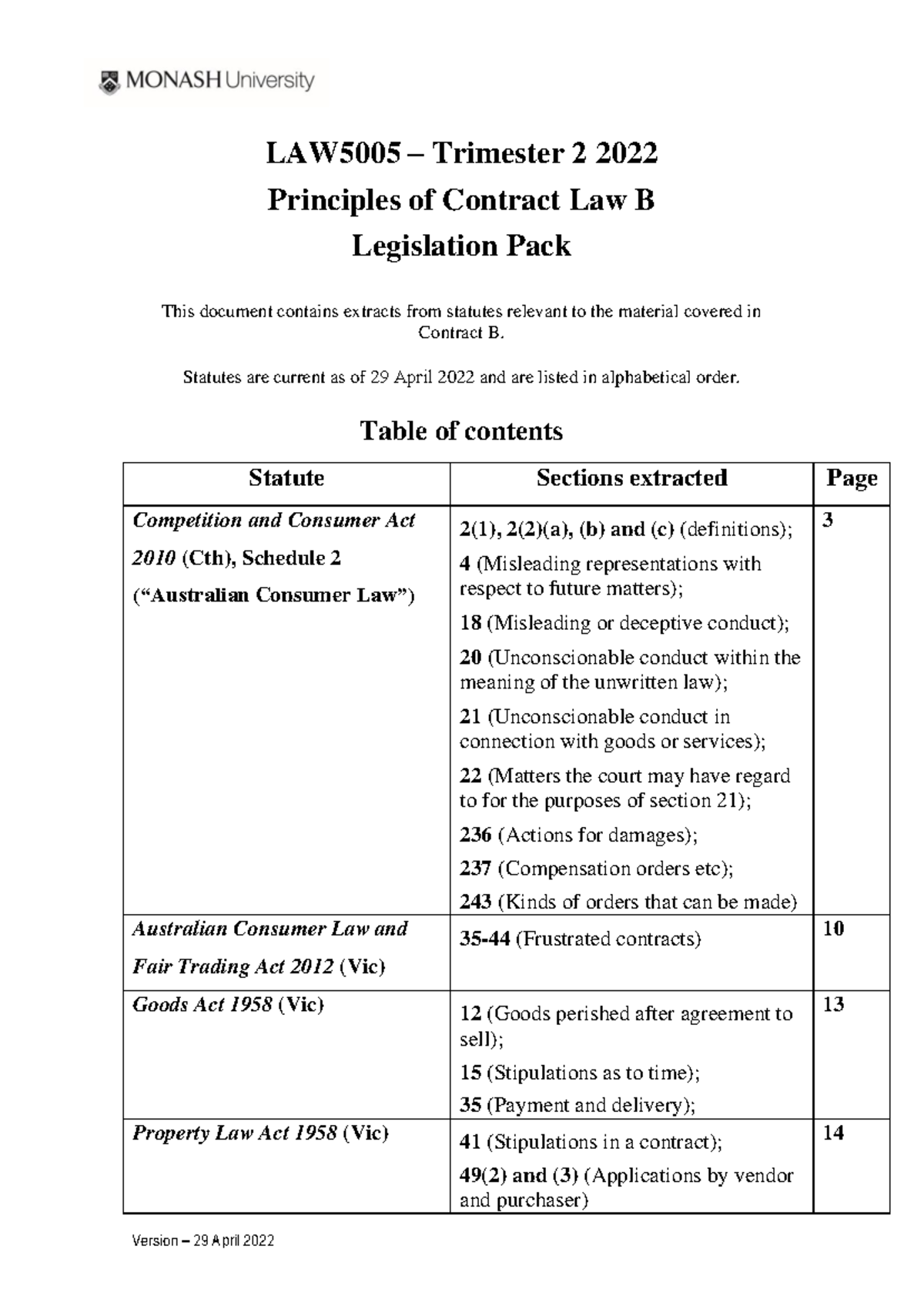 LAW5005 Contract B T2 2022 Legislation Pack - LAW5005 Trimester 2 2022 ...