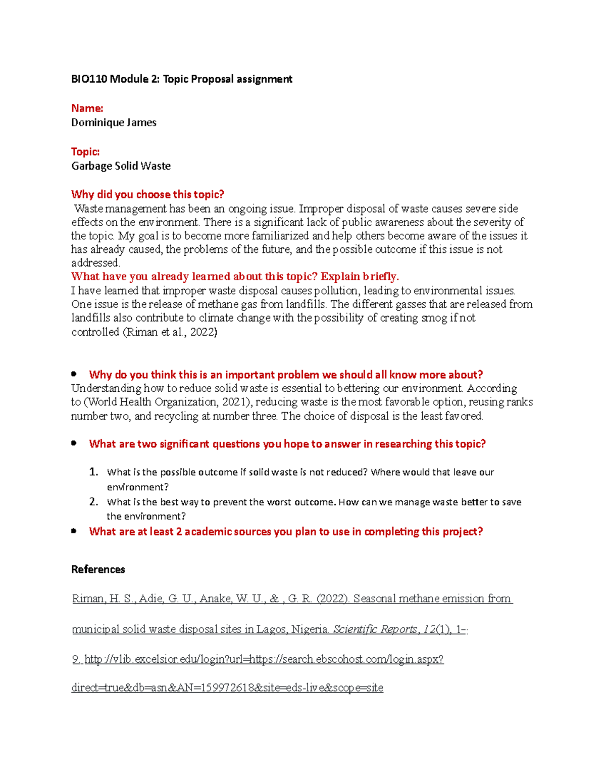 BIO110 M2 Topic Proposal - BIO110 Module 2: Topic Proposal assignment ...