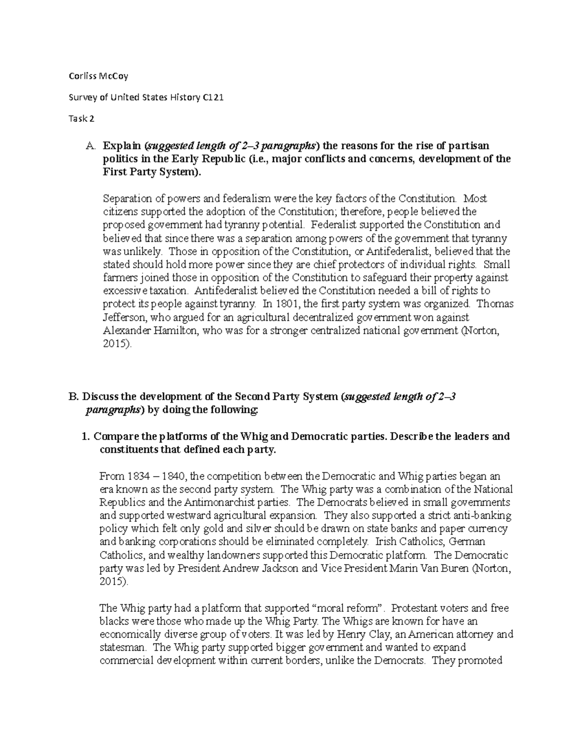 US History Task 2 Grade Pass Corliss McCoy Survey of United States