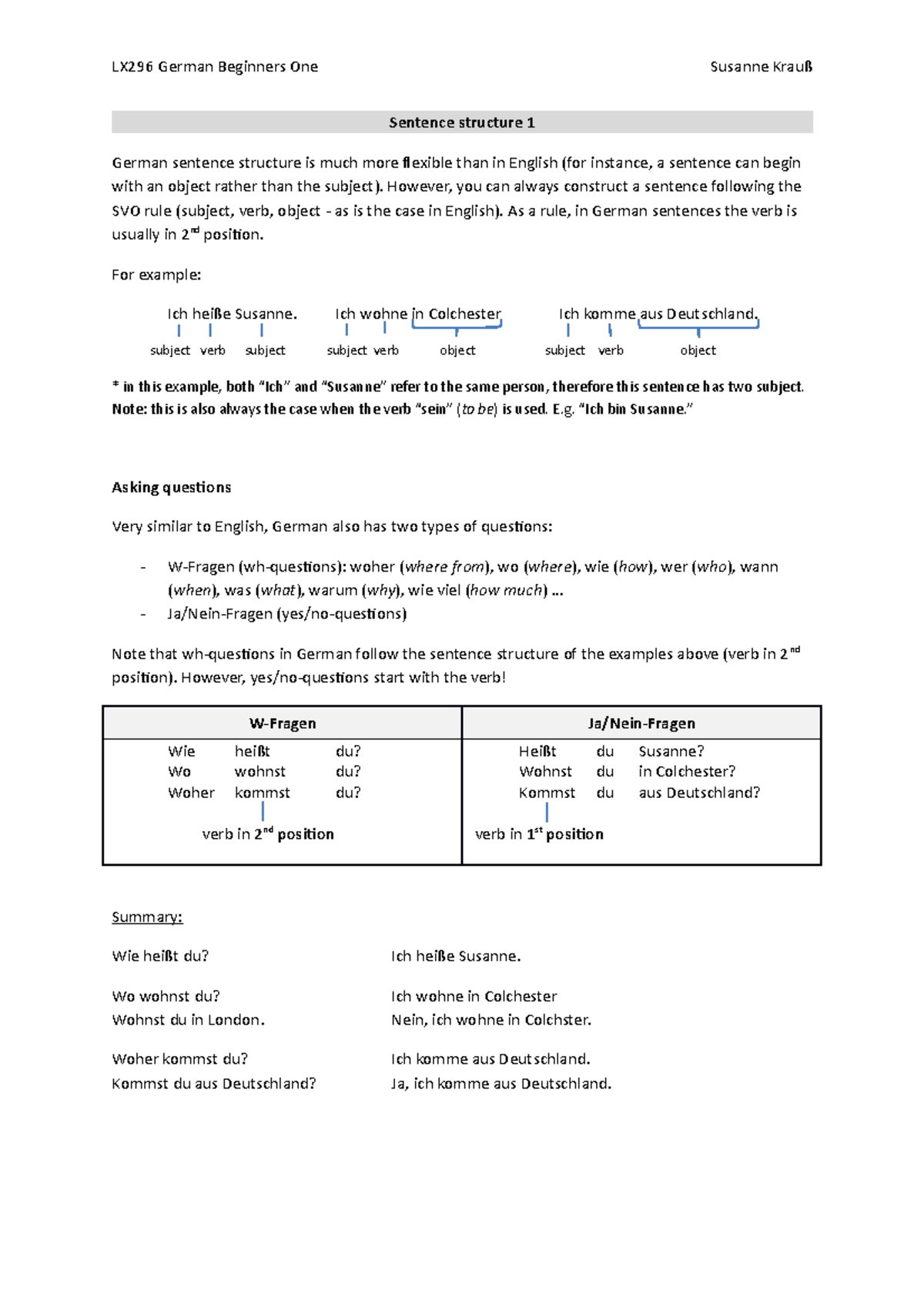 Grammar sheet - sentence structure - LX296 German Beginners One Susanne ...