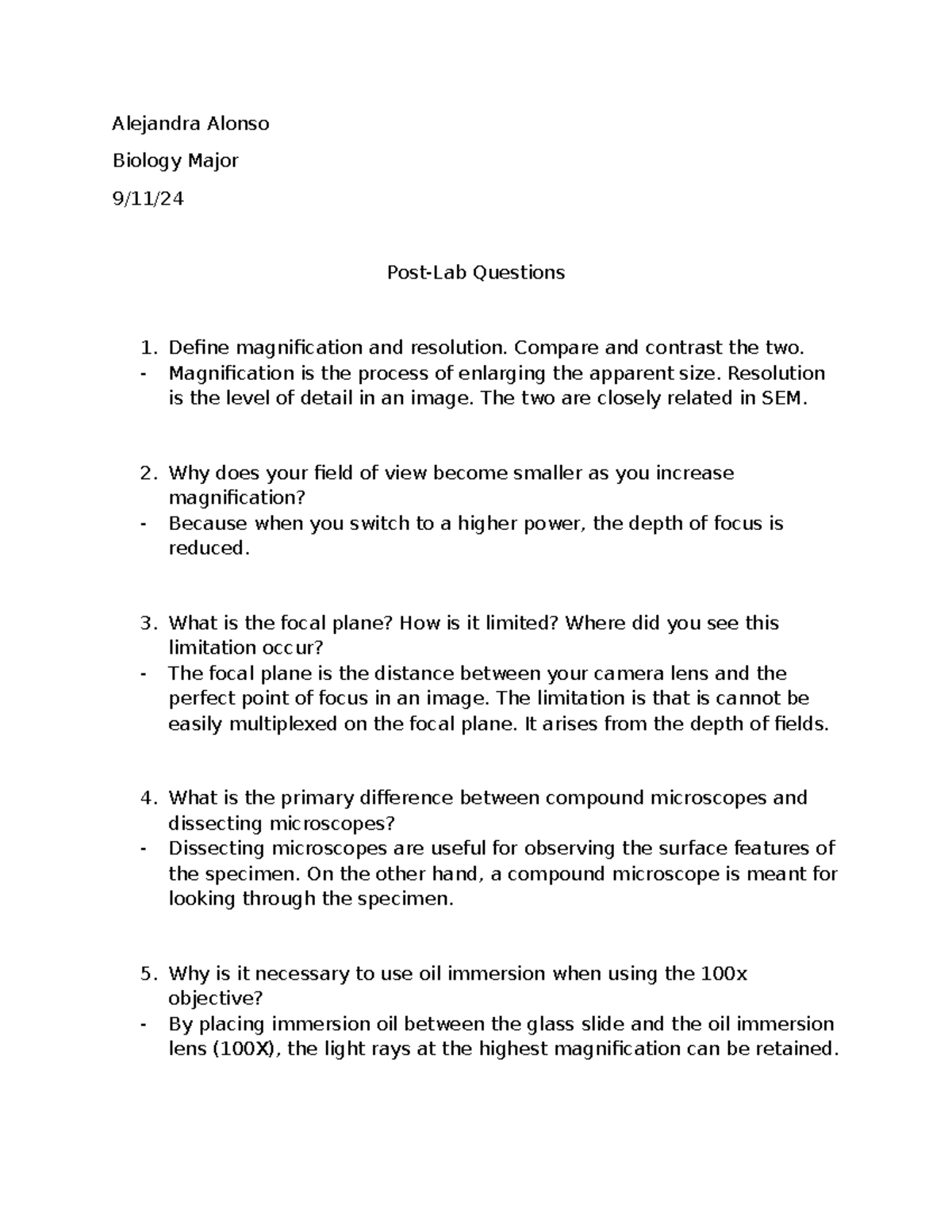 10 Question Bio Assignment Alejandra Alonso Biology Major 9/11