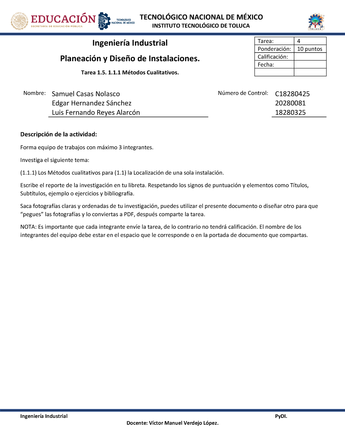 Tarea 1.5 Py DI - INSTITUTO TECNOL”GICO DE TOLUCA IngenierÌa Industrial ...