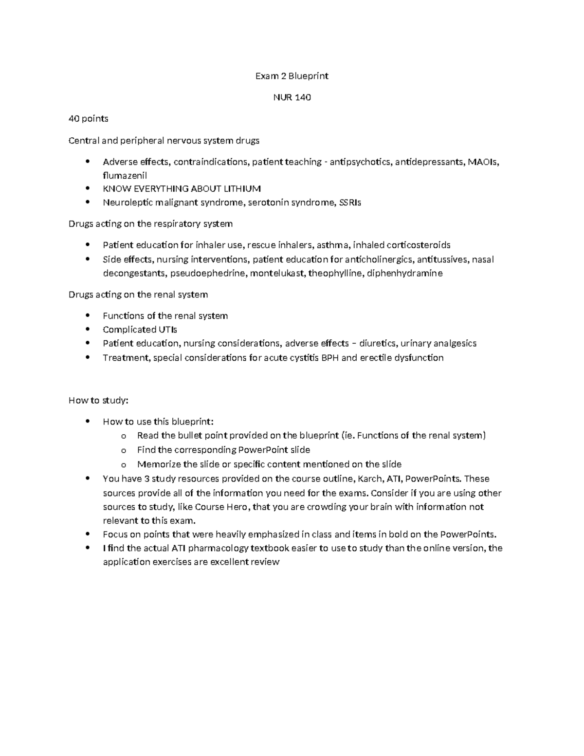 Exam 2 Blueprint - Study guide - Exam 2 Blueprint NUR 140 40 points ...