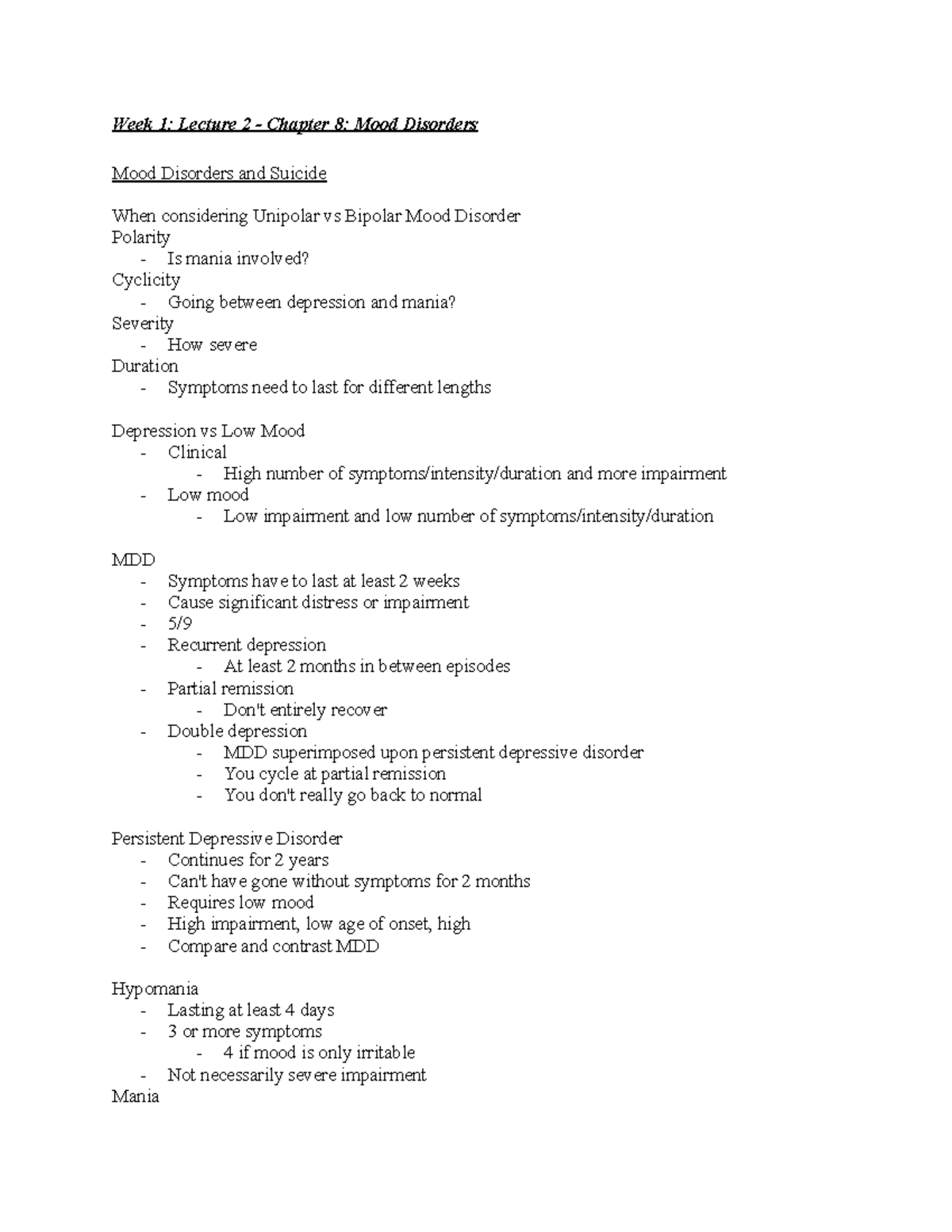 PSYC 236 Lecture Note - Week 1: Lecture 2 - Chapter 8: Mood Disorders ...