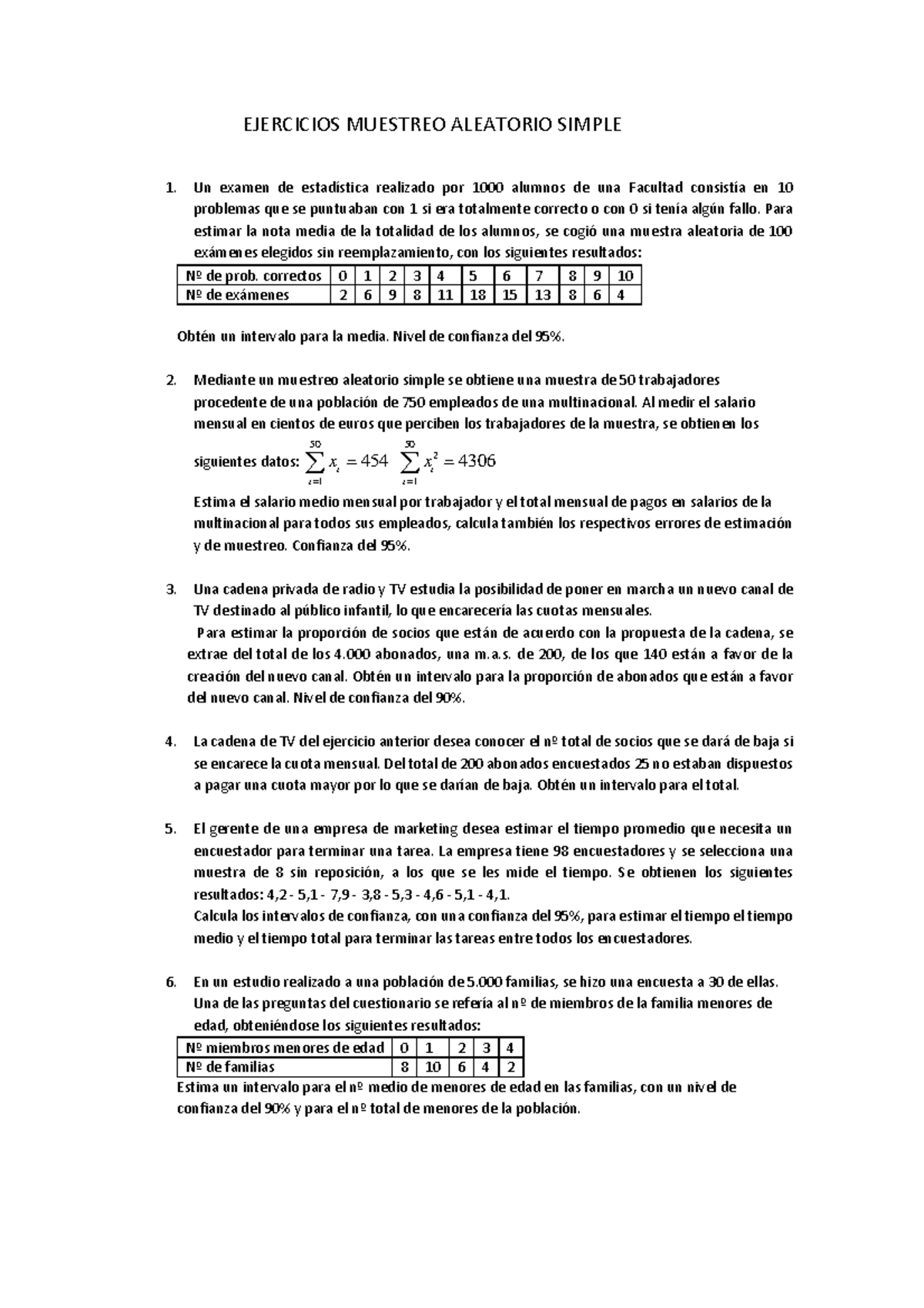 Boletín 1 Ejercicios Muestreo Aleatorio Simple Ejercicios Muestreo Aleatorio Simple 1 Un 3262