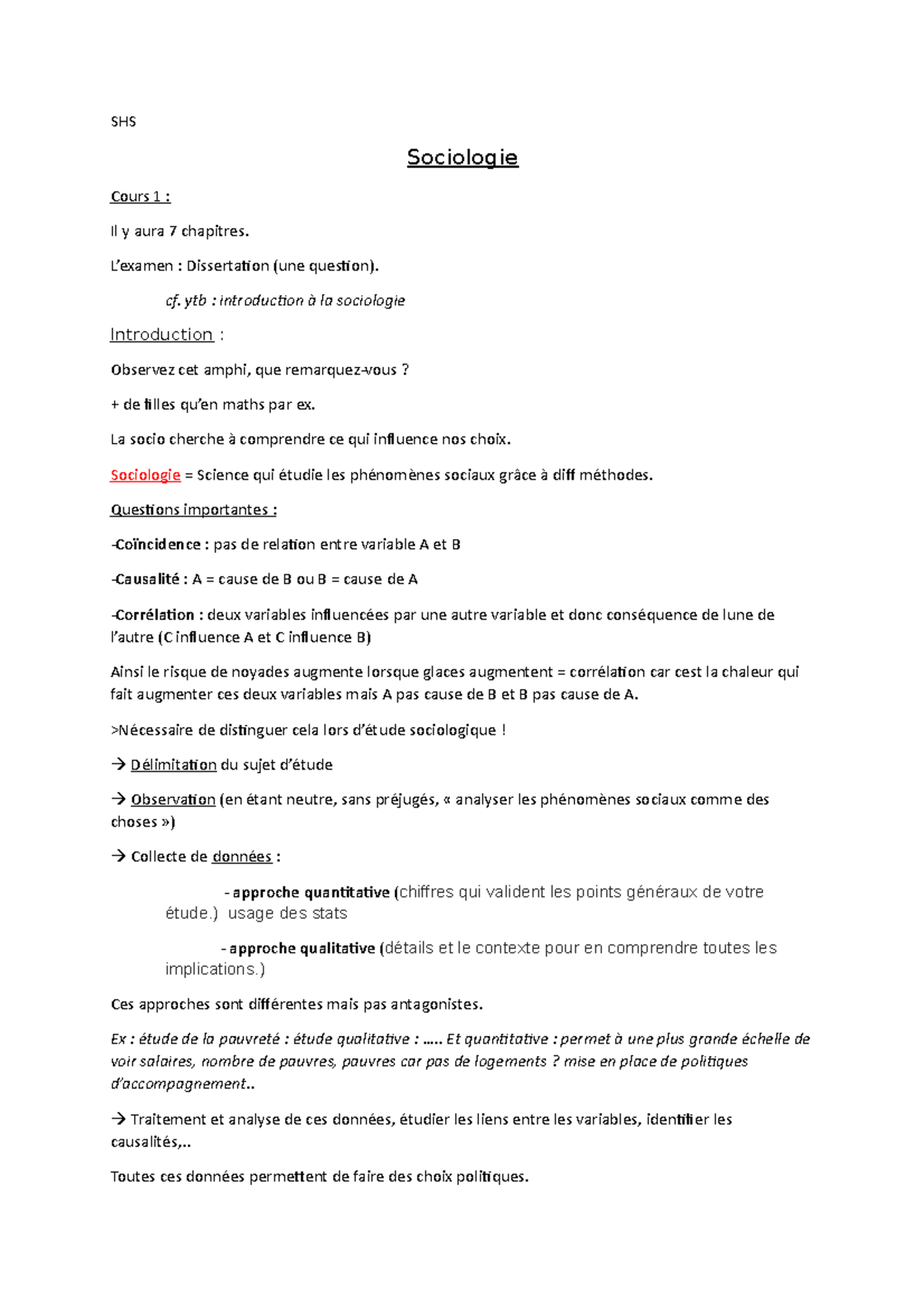 Sociologie SHS 1 - prise de notes - SHS Sociologie Cours 1 : Il y aura ...