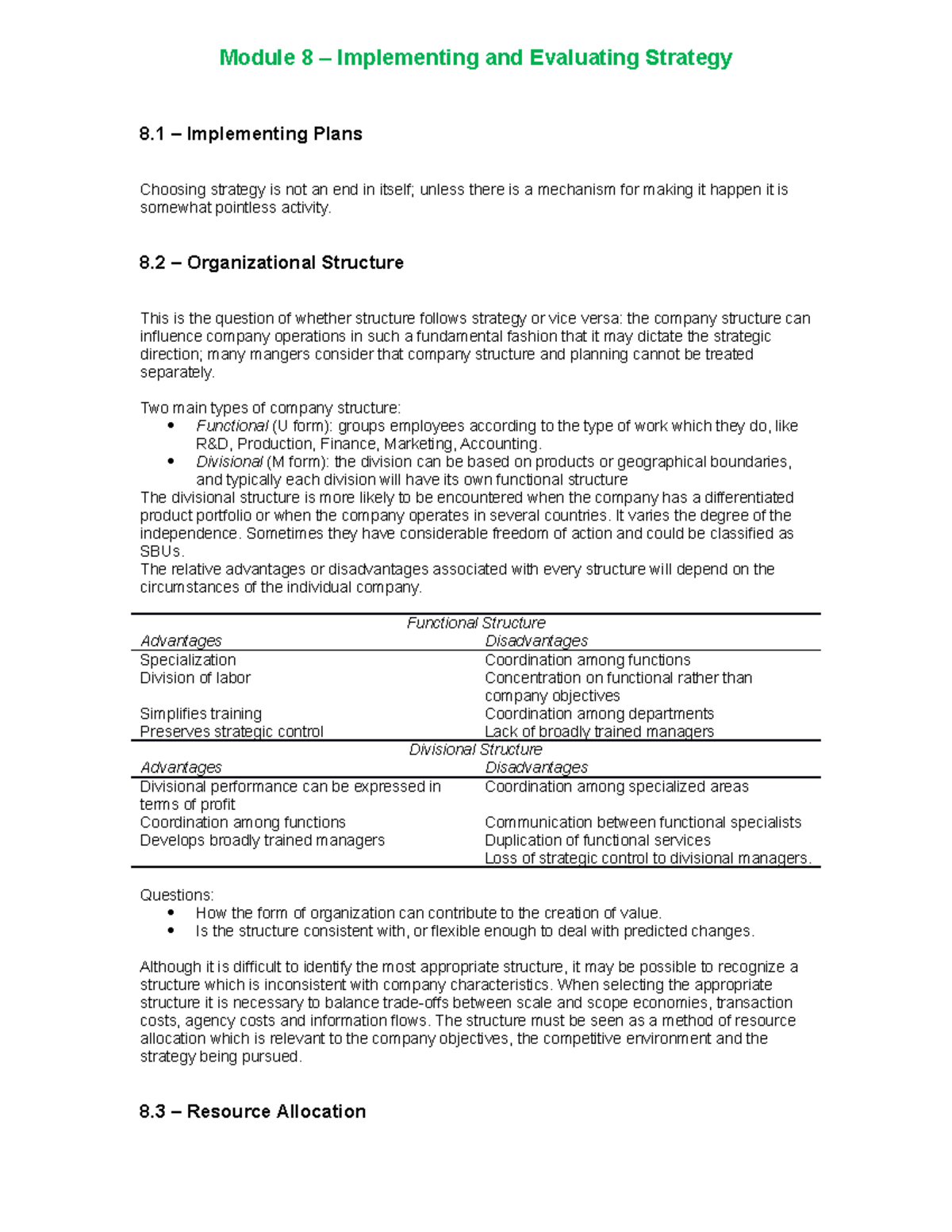 Ch8 Implementing and Evaluating Strategy - 8 – Organizational Structure ...