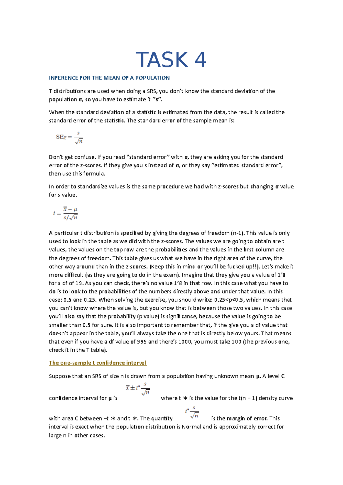 Task 4 - Task 4 - TASK 4 INFERENCE FOR THE MEAN OF A POPULATION T ...