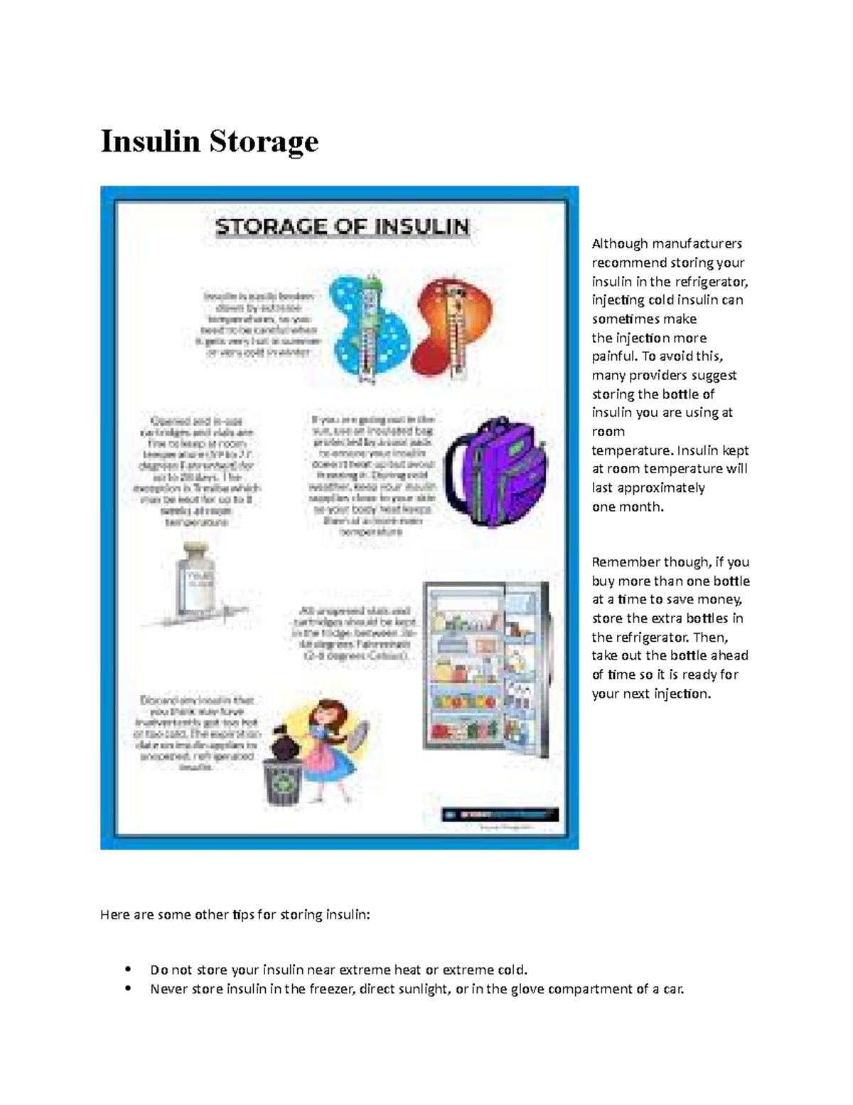 Westerfield Diabetic Teaching Handout Insulin Storage Although