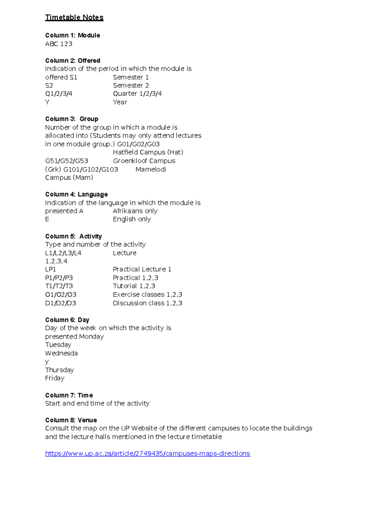 Timetable notes - knuiowxsnai - Timetable Notes Column 1: Module ABC ...
