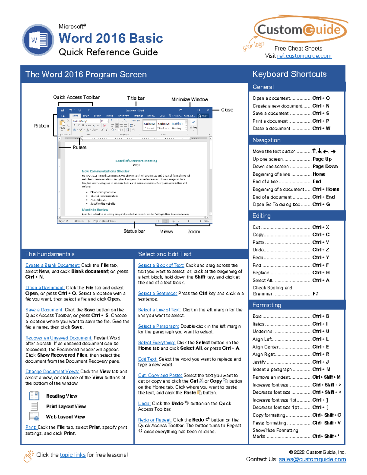Word 2016 basic quick reference - © 2022 CustomGuide, Inc. Click the topic links for free lessons! - StuDocu Word 2016 basic quick reference - © 2022 CustomGuide, Inc. Click the topic links for free lessons! - StuDocu