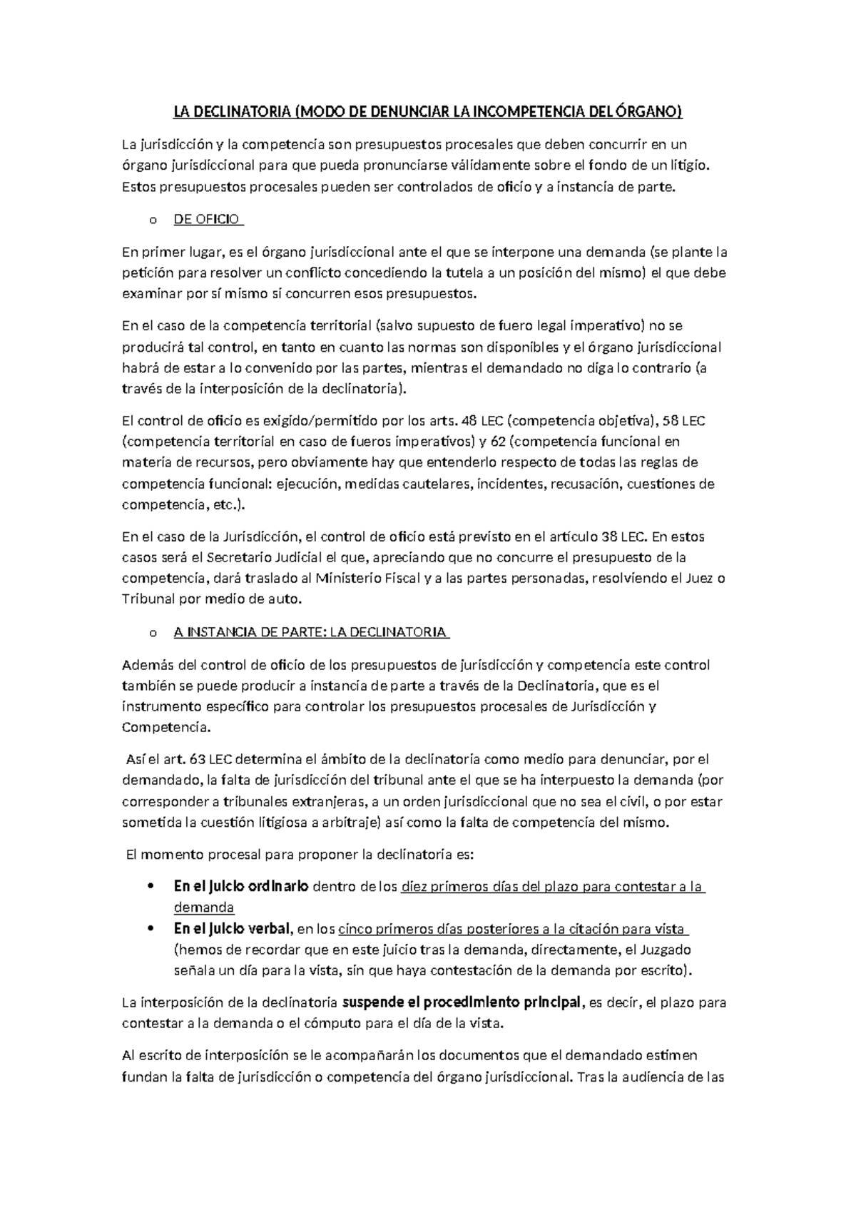 LA Declinatoria - procesal civil - LA DECLINATORIA (MODO DE DENUNCIAR