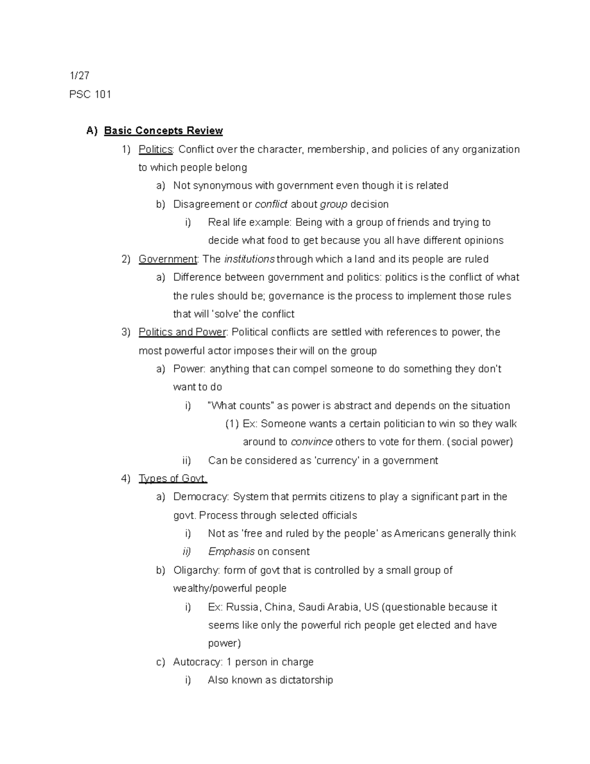 Politics of Diversity - 1/ PSC 101 A) Basic Concepts Review 1) Politics ...