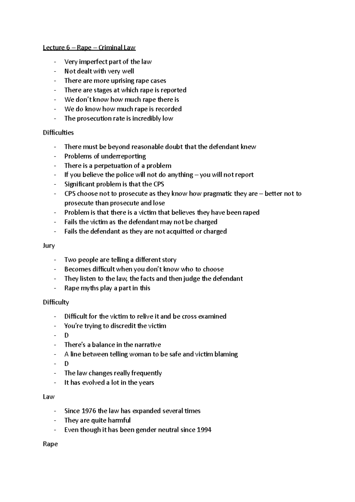 Lecture 6 - Rape - Criminal Law - Lecture 6 – Rape – Criminal Law Very ...