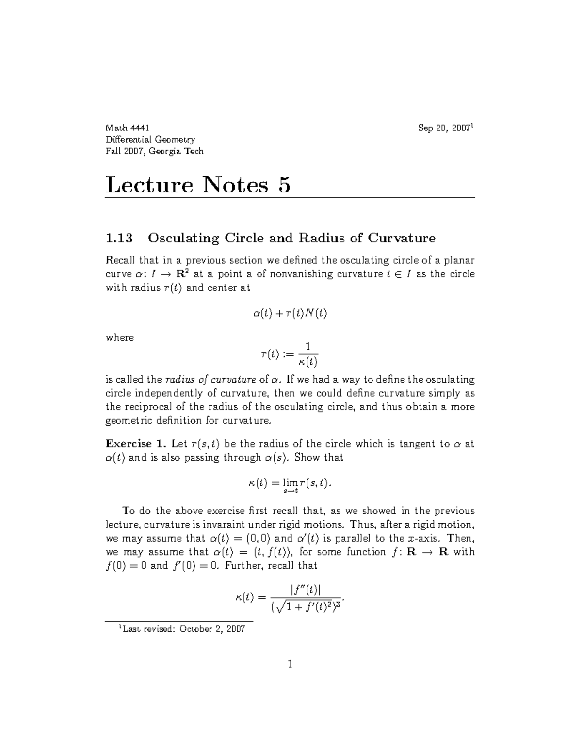 Lecture notes, lecture 5 - Osculating circle and radius of curvature ...