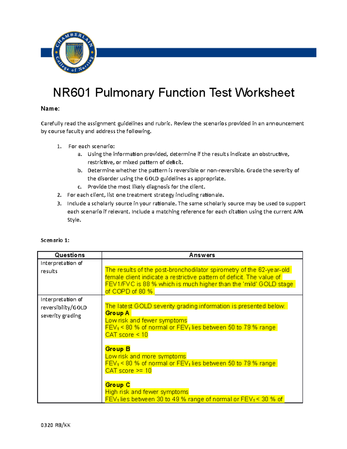 NR601 W2 PFT Worksheet - NR601 Pulmonary Function Test Worksheet Name ...