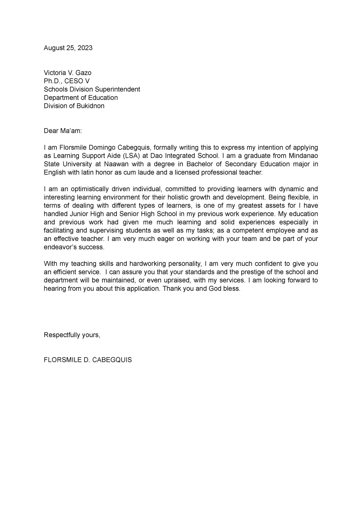 Flor-cover-letter - public - August 25, 2023 Victoria V. Gazo Ph., CESO ...